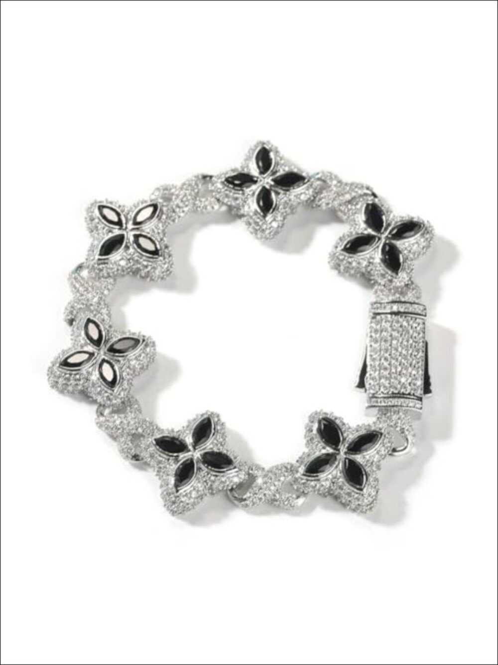 Iced Out Cuban Chain Bracelet Cross Four Leaf Charm CZ Stone Gold Plated